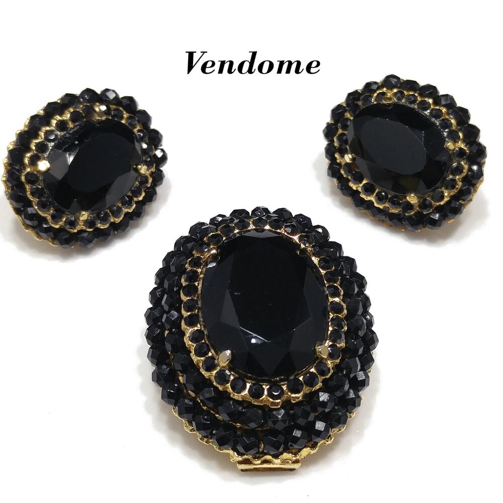 Vintage Vendome Black Crystal Brooch Earring Set Convertible Pendant